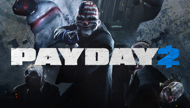 Official cover art for the cooperative heist game PAYDAY 2 showing four masked characters holding firearms.