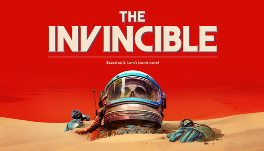 Official cover art for the sci-fi adventure game The Invincible featuring an astronaut on a desert planet surface.