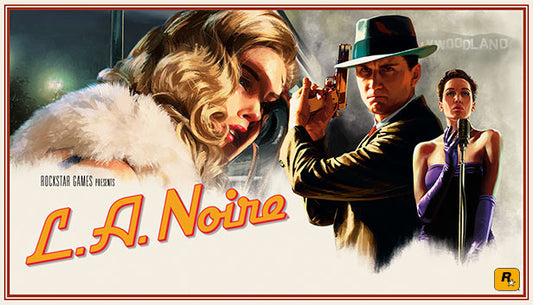 Official cover art for the detective thriller game L.A. Noire featuring a man in a suit and hat holding a pistol.
