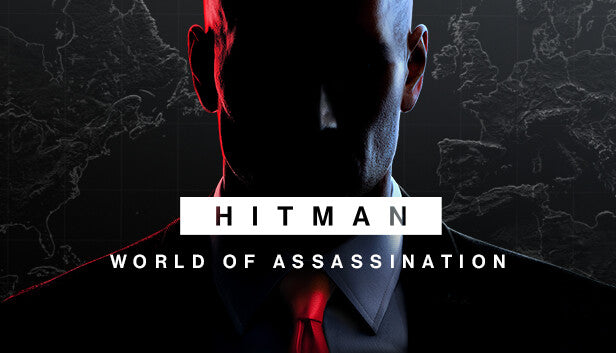Official cover art for HITMAN World of Assassination on Xbox featuring Agent 47 in a dark, professional suit.