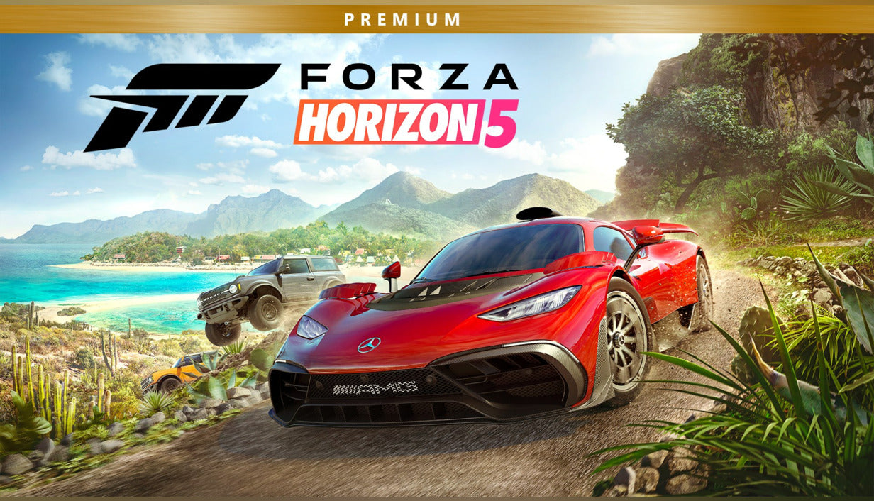 Official cover art for Forza Horizon 5 Premium Edition featuring high-performance cars racing through a Mexican landscape.