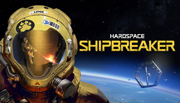 Official cover art for Hardspace: Shipbreaker featuring a worker in a space suit overlooking a massive ship graveyard.