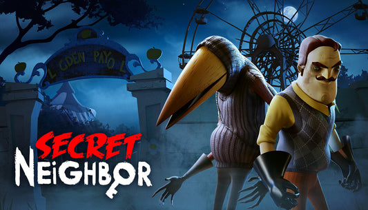 Official cover art for the multiplayer horror game Secret Neighbor featuring stylized characters in a dark setting.