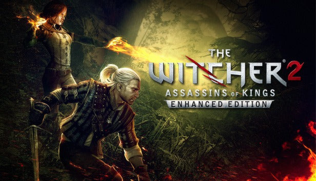 Official cover art for the action RPG The Witcher 2: Assassins of Kings Enhanced Edition featuring Geralt of Rivia.