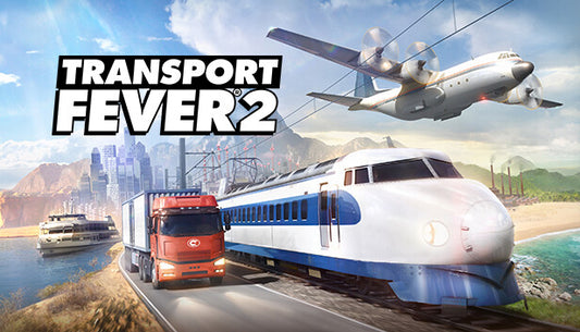 Official cover art for Transport Fever 2 featuring various modes of transport including a train, plane, and ship.