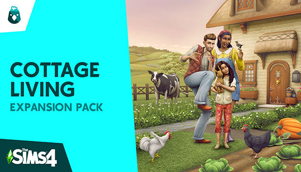 The Sims 4 Cottage Living Expansion Pack cover art featuring a Sim with a cow and chickens on a farm.