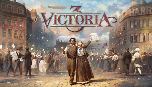 Promotional artwork for the grand strategy game Victoria 3, featuring diverse 19th-century figures against a Victorian city.