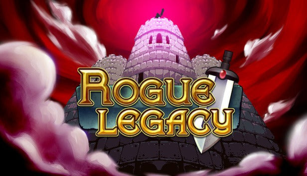 Official cover art for the roguelike game Rogue Legacy featuring a knight in armor standing before a dark castle.