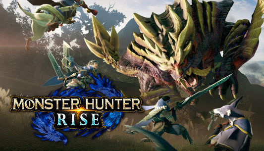 Official cover art for Monster Hunter Rise featuring a hunter and a Great Izuchi in a vibrant, action-oriented scene.