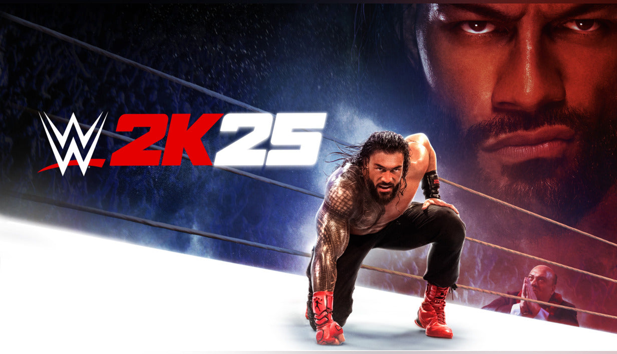Cover art for WWE 2K25 featuring Roman Reigns kneeling in the ring alongside Paul Heyman