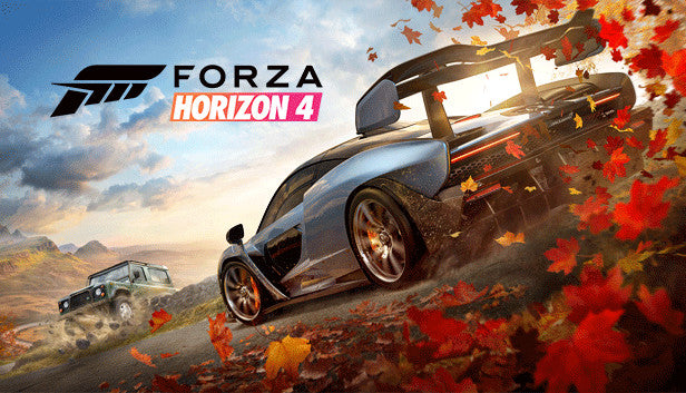 Official cover art for the racing game Forza Horizon 4 featuring a high-performance car on a scenic road.