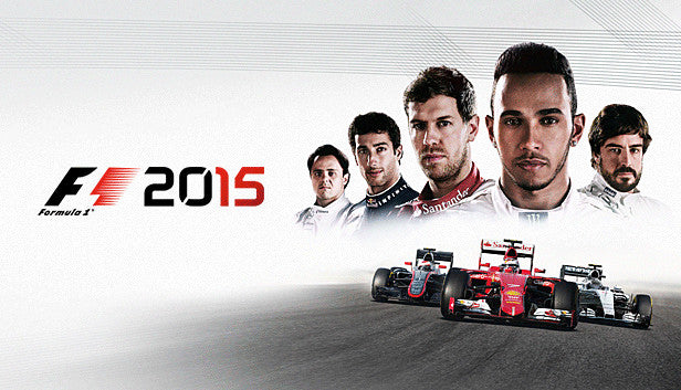 Official cover art for F1 2015, the official Formula 1 racing video game by Codemasters for PC Steam. Features prominent F1 drivers Lewis Hamilton, Sebastian Vettel, and Fernando Alonso.