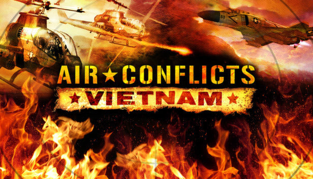 Action-packed video game promo art for Air Conflicts Vietnam, an arcade flight simulation game featuring jet fighters and helicopters over jungle terrain.