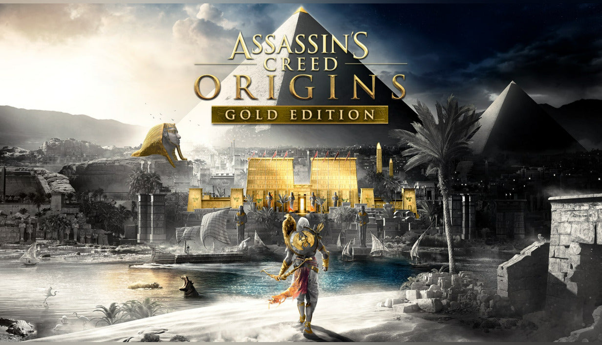 Official cover art for Assassin's Creed Origins Gold Edition featuring Bayek standing before an Egyptian pyramid.