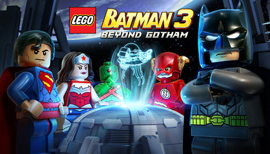 Official cover art for LEGO Batman 3: Beyond Gotham featuring Batman and Justice League heroes in outer space.