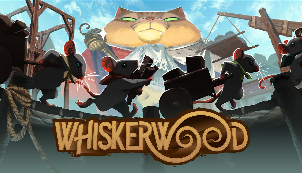 Official cover art for the city builder game Whiskerwood featuring stylized cats in a nature-themed setting.
