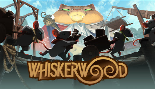 Official cover art for the city builder game Whiskerwood featuring stylized cats in a nature-themed setting.