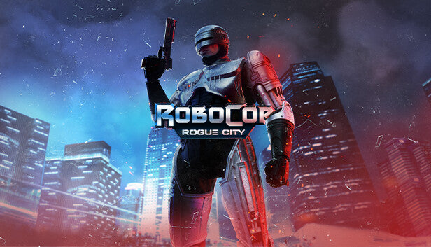 Official cover art for the action FPS game RoboCop: Rogue City featuring RoboCop standing in a dystopian cyberpunk street.