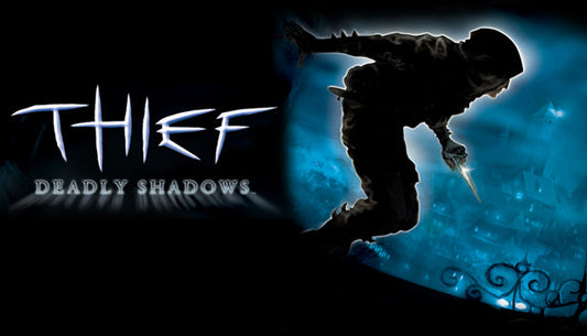 Official cover art for Thief: Deadly Shadows featuring a dark, hooded figure holding a dagger in a medieval setting.