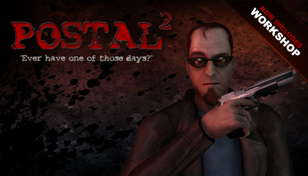 Official cover art for the action game POSTAL 2 featuring the main character with a shotgun against a red background.