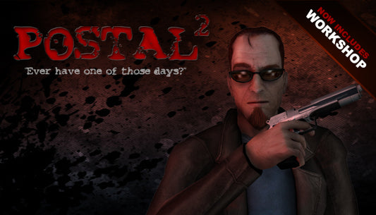 Official cover art for the action game POSTAL 2 featuring the main character with a shotgun against a red background.