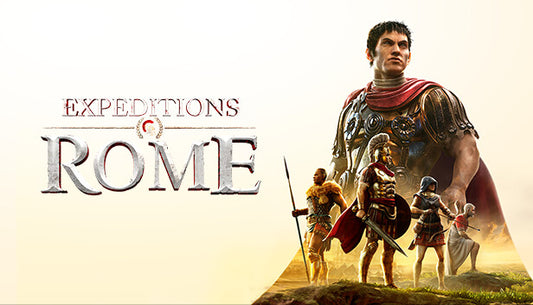 Official cover art for the strategy RPG Expeditions: Rome featuring a Roman centurion in detailed armor.