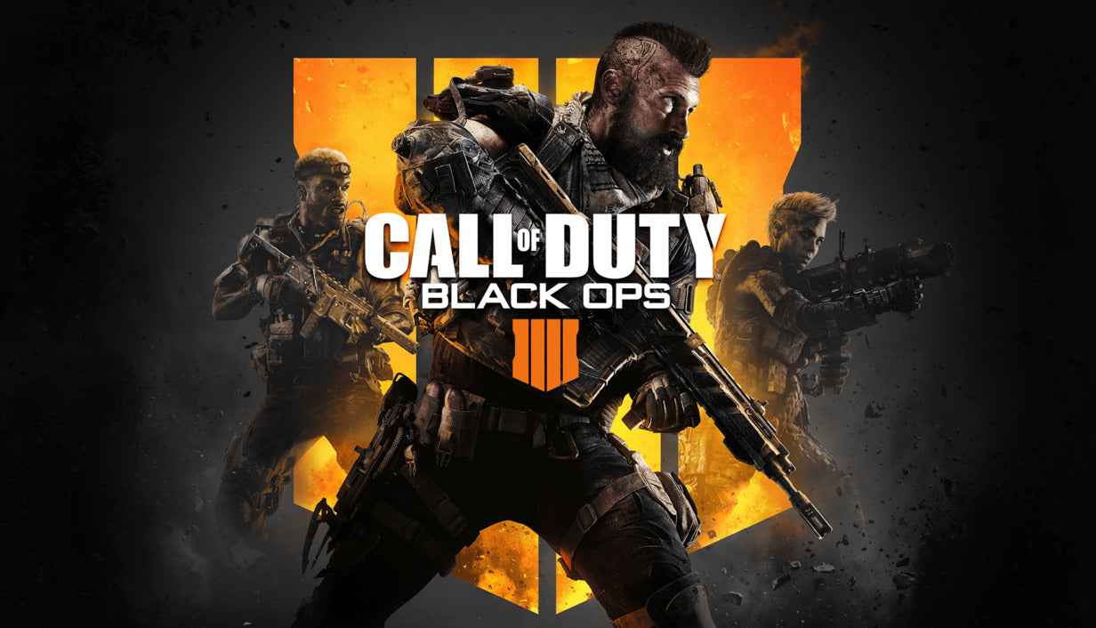 Official cover art for Call of Duty: Black Ops 4 featuring a specialist soldier against a gritty, orange-tinted background.