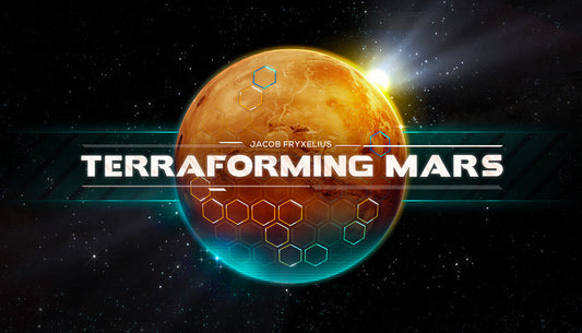 Official cover art for the strategy board game Terraforming Mars featuring a base on the surface of the red planet.