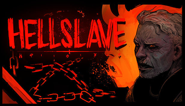 Cover art for Hellslave showing a man's face with glowing eyes next to broken chains.