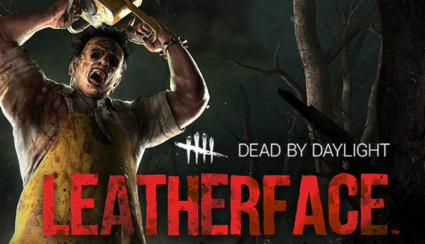 Cover art for Dead by Daylight - Leatherface, showcasing the Texas cannibal furiously raising his iconic yellow chainsaw above his head in a dark, misty forest.