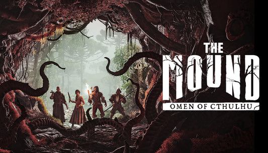 Cover art for the Lovecraftian horror game The Mound: Omen of Cthulhu featuring a dark and atmospheric jungle.