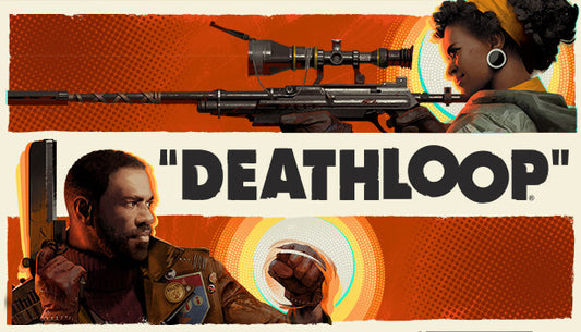 Official cover art for the FPS game DEATHLOOP featuring two assassins in a stylized, retro 1960s aesthetic.