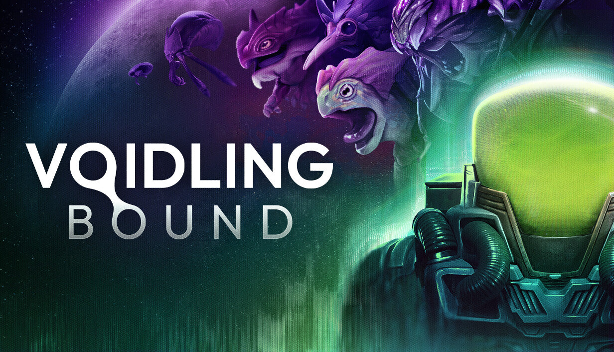 Cover art for Voidling Bound, featuring a sci-fi character in a dark suit with a glowing green visor looking toward hovering, purple alien creatures in deep space.