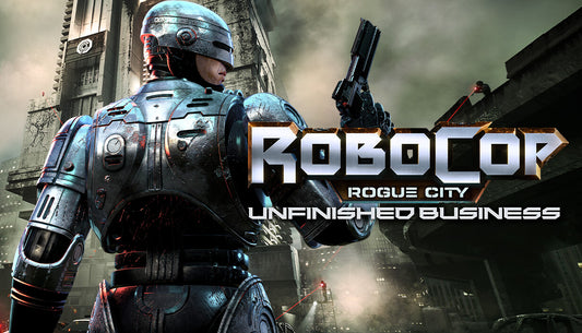 Official cover art for the action-adventure game RoboCop: Rogue City - Unfinished Business featuring RoboCop.