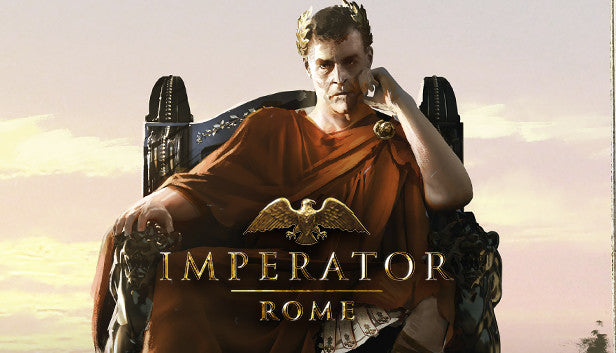 Official cover art for the grand strategy game Imperator: Rome featuring a Roman soldier in gold armor and a red cape.