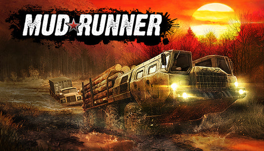Official cover art for the simulation game MudRunner featuring a heavy-duty truck driving through deep mud.