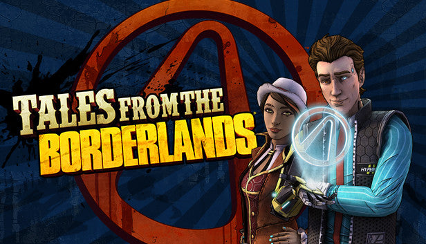 Official cover art for Tales from the Borderlands featuring the main characters against a stylized Pandoran backdrop.