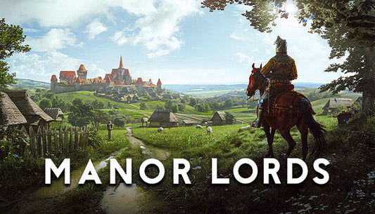 Official cover art for the medieval city-builder game Manor Lords featuring a soldier in armor against a dark background.
