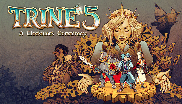 Official cover art for Trine 5: A Clockwork Conspiracy featuring the three heroes against a mystical clockwork backdrop.