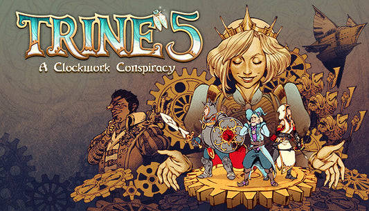 Official cover art for Trine 5: A Clockwork Conspiracy featuring the three heroes against a mystical clockwork backdrop.