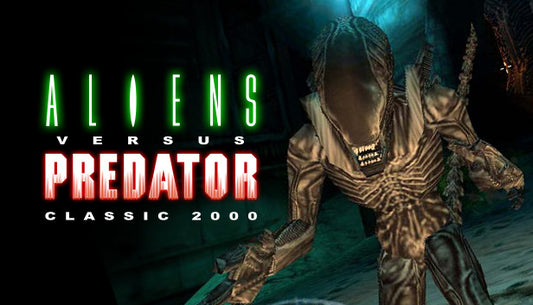 Official cover art for the sci-fi horror FPS Aliens versus Predator Classic 2000 featuring a dark, atmospheric design.
