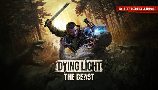 Official cover art for Dying Light: The Beast featuring a man fighting a zombie in a swamp with a machete and flashlight under a forest canopy.