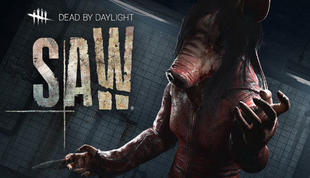 Cover art for Dead by Daylight - The Saw Chapter, focusing closely on the killer, The Pig, who is wearing a morbid pig mask and a red leather coat while menacingly holding a hidden blade.