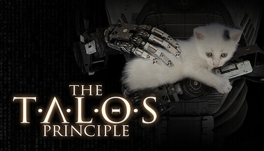 Official cover art for the philosophical puzzle game The Talos Principle featuring a humanoid robot in a serene outdoor setting.