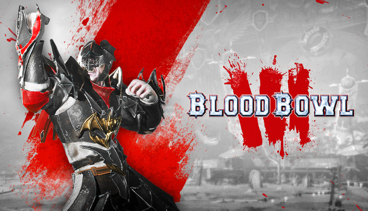 Action-packed cover art for Blood Bowl 3 featuring armored fantasy players in a violent, turn-based sports match.
