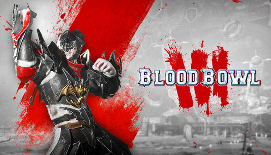 Action-packed cover art for Blood Bowl 3 featuring armored fantasy players in a violent, turn-based sports match.