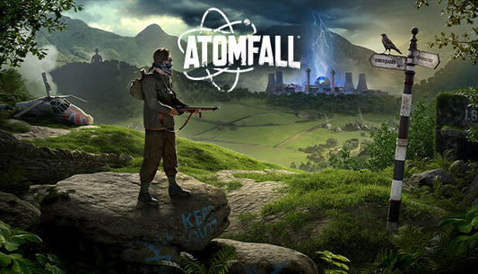 Official cover art for the action-adventure game Atomfall featuring a character in a gas mask against a post-apocalyptic backdrop.
