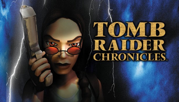 Cover art for Tomb Raider Chronicles, featuring a close-up portrait of Lara Croft wearing red-tinted glasses and holding a pistol against a dark, lightning-filled sky.