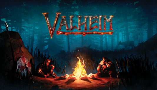 Official cover art for the Viking survival game Valheim featuring a lone warrior standing before a misty, mountainous landscape.
