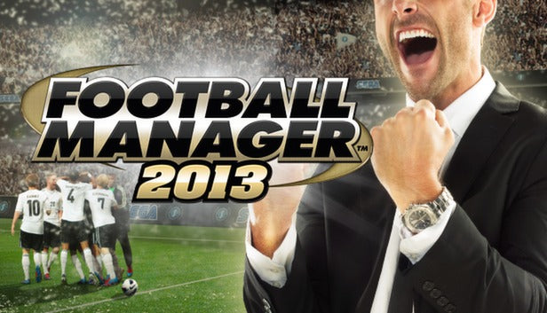 Official cover art for the sports simulation game Football Manager 2013 featuring a manager silhouette against a stadium background.